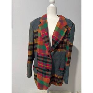 Gitano outerwear vintage color block patchwork 2 button front wool blend L